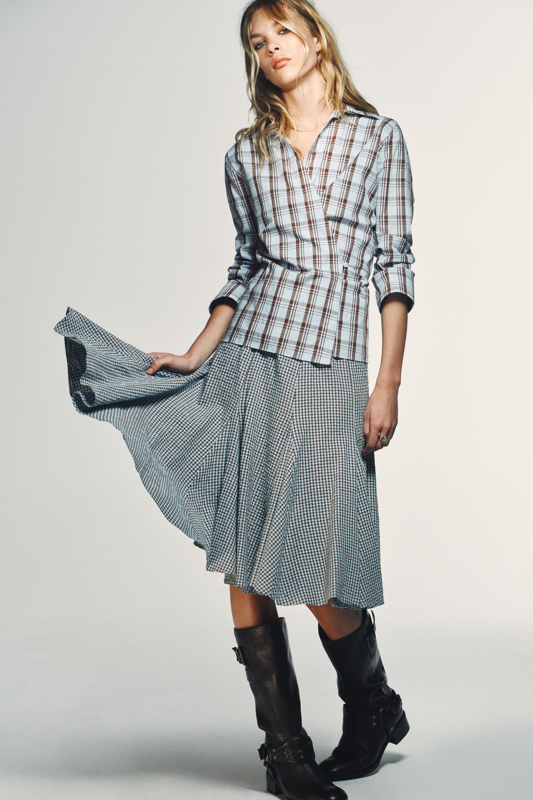 GINGHAM GODET MIDI SKIRT